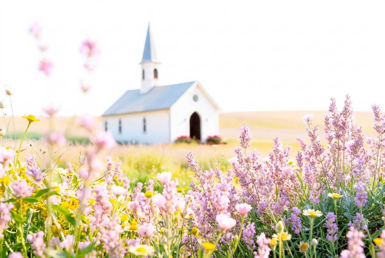 White country church surrounded by pink and yellow wildflowers