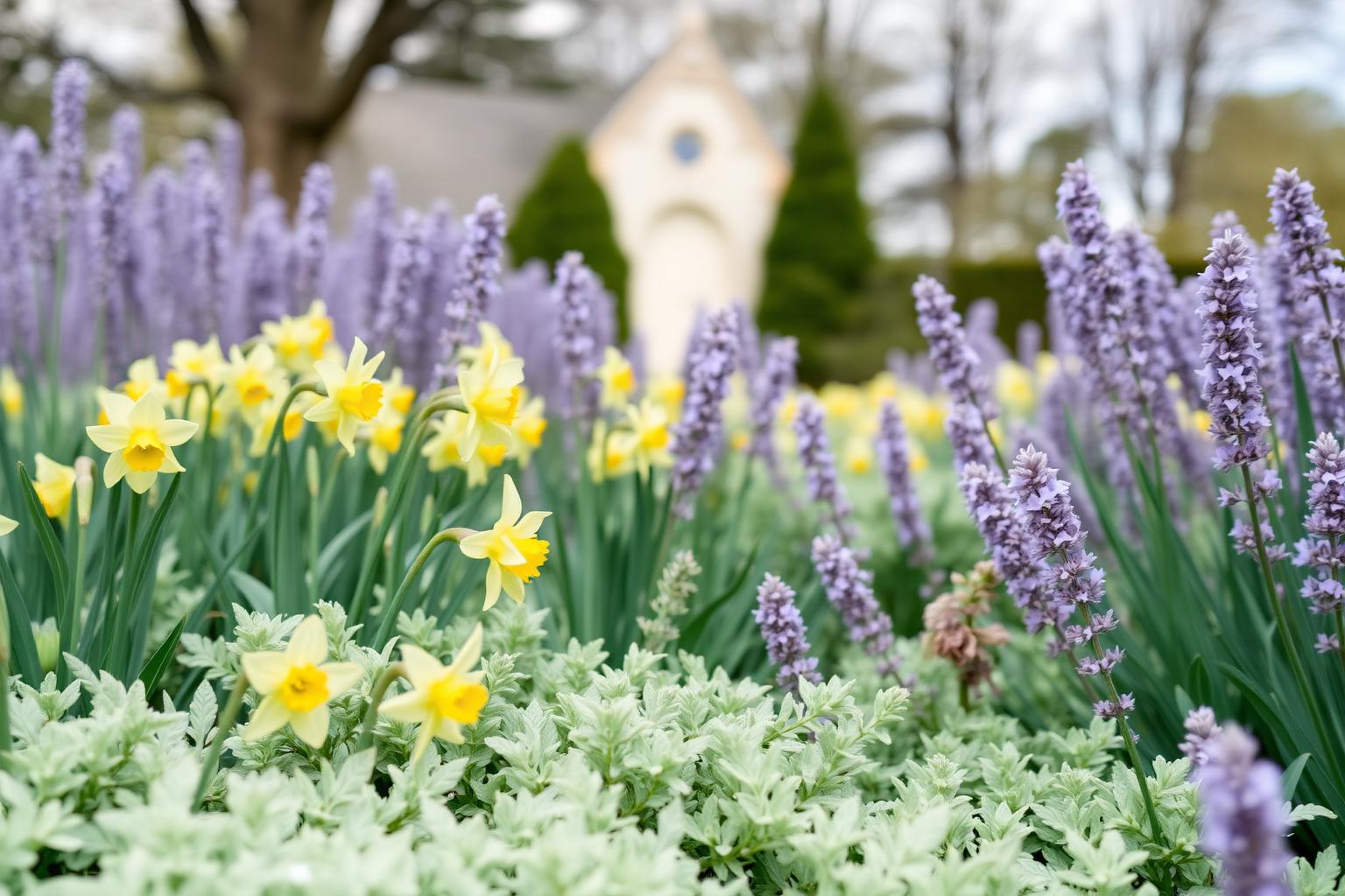 Daffodils and lavender blooming in front of a chapel