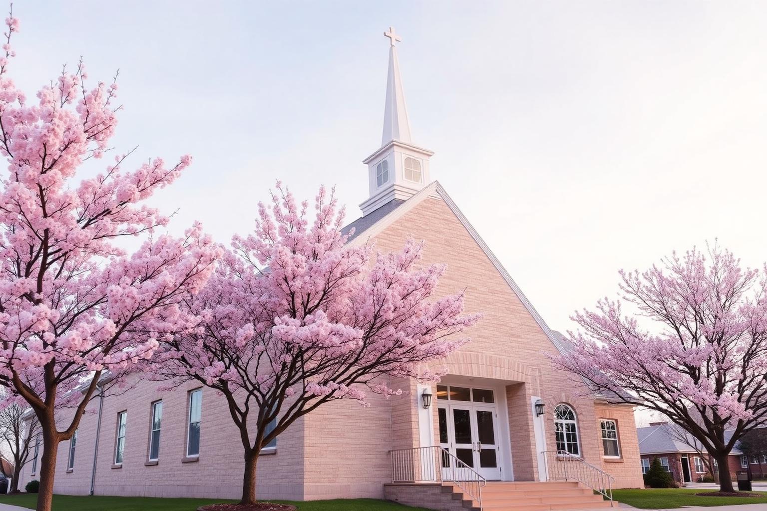Church with pink blossom trees in spring