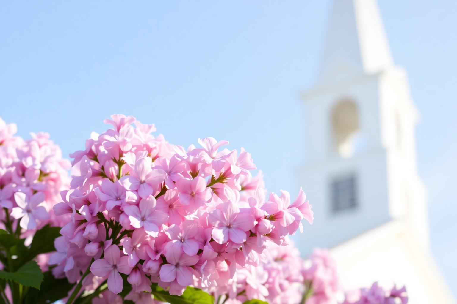 Pink flowers in front of a white church steeple